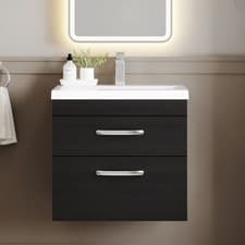 Image of Nuie Athena Wall Hung 2-Drawer Vanity Unit with Basin 1 Charcoal Woodgrain 600mm