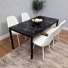 Image of Black Marble Effect Dining Table with 4 White Gem Pattern Faux Leather Chairs