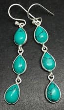 Image of Turquoise drop earrings Solid Sterling Silver pear, triple. Multistone. Box