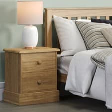 Image of Cotswold 2 Drawer Bedside Cabinet, Antique Wax Finish, Solid Top, Wooden Handles