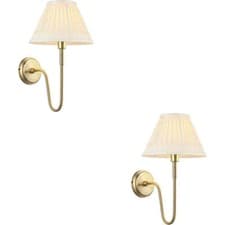Image of 2 PACK Indoor Antique Brass Plate Wall Light Ivory Silk Shade 10W LED E27