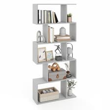 Image of 5-Tier S-Shape Bookshelf with Anti-Tip Kit Modern Freestanding Display Grey