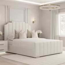 Image of Crown Panel Bed Frame Plush Velvet Upholstered Ottoman Gas Lift Storage Double