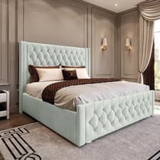 Image of Upholstered Ottoman Gas Lift Bed Frame Winged Plush Velvet Double & King Size