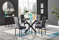 Image of Novara Black Leg Round Glass Dining Table & 4 Velvet Milan Black Leg Chairs
