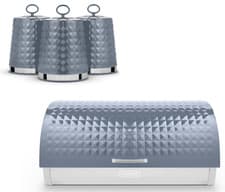 Image of Tower Solitaire Grey Bread Bin & Canisters Storage Set Embossed Diamond Design