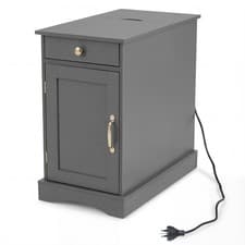 Image of COSTWAY End Table with Charging Station Narrow Nightstand Bedside Table