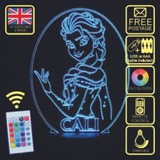 Image of Personalised (Frozen) Elsa LED Colour Changing Bedside Lamp + remote