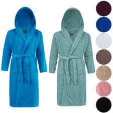 Image of Cotton Hooded Bathrobe Thick Towelling Mens & Ladies Bath Robe Dressing Gown 