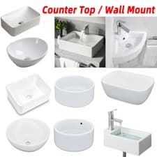 Image of Bathroom Ceramic Basin Counter Top/Wall Mounted Hand Wash Vanity Sink White UK