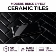 Image of Glossy Black Metro Subway Tiles 100x200mm Bevelled Ceramic Wall Tiles Box