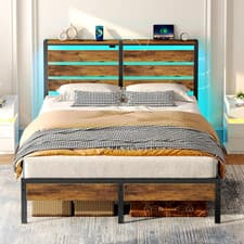 Image of 5Ft King Size Bed Frame with LED Lights, 150X200Cm Wood & Metal Bed with Headboa
