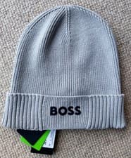 Image of Genuine HUGO BOSS Grey 25% VIRGIN WOOL Rib Cuff Black Logo BEANIE Hat 50499423