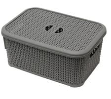 Image of 6L Loop Effect Grey Rectangle Plastic Storage Basket With Lid 28cm x 20cm x 12cm