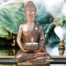 Image of Thai Buddha Candle Holder Meditating Ornament Gold Copper Zen Tea Light Home