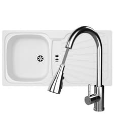 Image of Liquida CMP5WH 1.0 Bowl White Kitchen Sink With KPO11CH Chrome Pull Out Tap