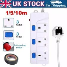 Image of 1/5/10M 3Gang Way UK Mains Plug Power Extension Lead Cable Electric Socket UK