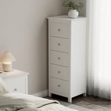 Image of Nairn White 5 Drawer Tall Narrow Chest of Drawers, Storage Unit, Luxury Finish