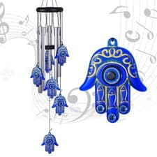 Image of Blue Evil Eye Hamsa Hand Wind Chimes Outdoor Decoration, of Silvery