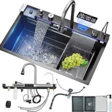 Image of LED Kitchen Sink Set Stainless Steel Luxur Single Large Bowl Pull Out Mixer Taps