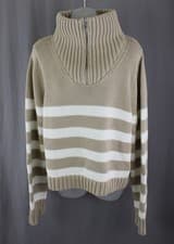 Image of Kule Women's NWT Beige Ivory Striped 100% Cotton Zip Collar Sweater Size Large
