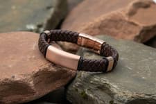 Image of Fred Bennett Woven Brown Leather Bracelet with Coffee Plated Stainless Steel 9"