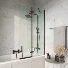 Image of Matt Black Square 900mm Pivot Bath Screen Including Fixed Panel