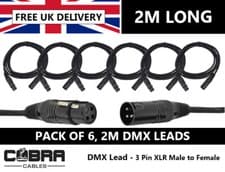 Image of 6 x DMX Leads 2m - 3 Pin XLR Male to Female- High Quality Connectors & Cable
