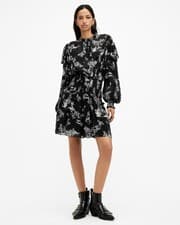 Image of AllSaints Women's Black Floral A Line Dress Long Sleeve High Neck Size 12