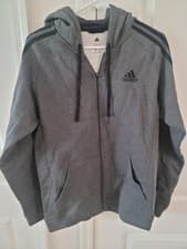 Image of MEN'S ADIDAS 3- STRIPE FLEECE FULL ZIP TRACK GRAY/BLACK HOODIE SIZE SMALL NWT