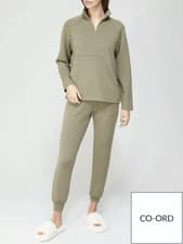 Image of V By Very Premium Soft Touch Half Zip Co Ord Jumper Top - Khaki Green UK Size 12