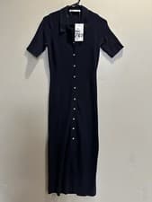 Image of Zara Black Ribbed Knit Midi Dress Small Polo Button Long Sleeve Stretch Collared