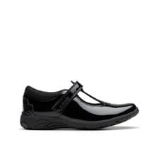 Image of Clarks Relda Gem K Girls Black Patent T-Bar School Shoes