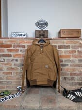 Image of Carhartt Active Jacket Lined Canvas Workwear Coat Tan Brown Size Small Hood