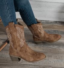 Image of Ladies Women's Embroidery Cowgirl Cowboy Boots Mid Wide Western Shoes UK