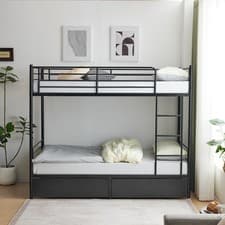 Image of 3FT Metal Single Bunk Beds Siblings Twins Bedroom Furniture Black w/Two Drawers