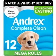 Image of Andrex Complete Clean Toilet Tissue; 12 Mega Toilet Rolls =18 Standard Loo Rolls