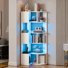 Image of 6 Tier Corner Bookcase LED L Shaped Bookshelf Storage Unit White GeoTower