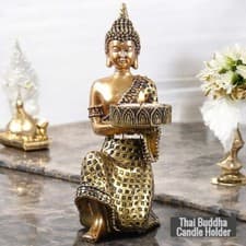 Image of Thai Buddha Candle Holder Meditating Ornament Gold Sculpture Tea Light Zen Home