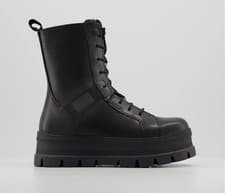 Image of UGG SHEENA Ankle Boots Black LEATHER Lace Up Zip Chunky Military Platform Size 6