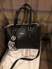 Image of Womens Black GUESS Leather Style Animal Print Fabric Swing Tag Handbag Brand New