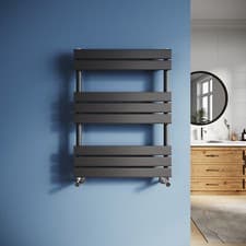 Image of Black Electric Towel Radiator With Thermostatic Bathroom Heater Flat Panel Timer