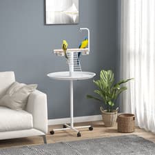 Image of PawHut Bird Table with Four Wheels, Perches, Stainless Steel Bowls Round Tray