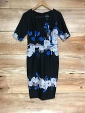 Image of Adrianna Papell Knee Length Black Dress with Blue Floral Design
