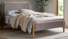 Image of Grey Linen Fabric Upholstered Oak Wood Bed Frame Bedstead.4ft6 Double,5ft King