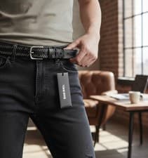 Image of DIESEL B-Inary Men Belt 100 CM Black Leather Silver Tone Details Buckle RRP200 *