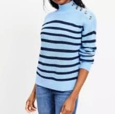 Image of Chunky Blue & Navy Striped Oversized Knit Sweater Button-up Mock Neck Collar XS