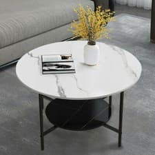 Image of 2 Tier Round Coffee Table End Side Table Metal Frame with Open Storage Shelf