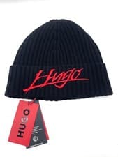 Image of Hugo Boss Xilla Beanie Hat Gothic Script Men’s Black Red Logo 80% Wool BNWT