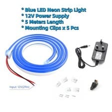 Image of 5 Meters Blue LED Neon Strip Light, 12V Power Supply With UK Plug, Mounting Clip